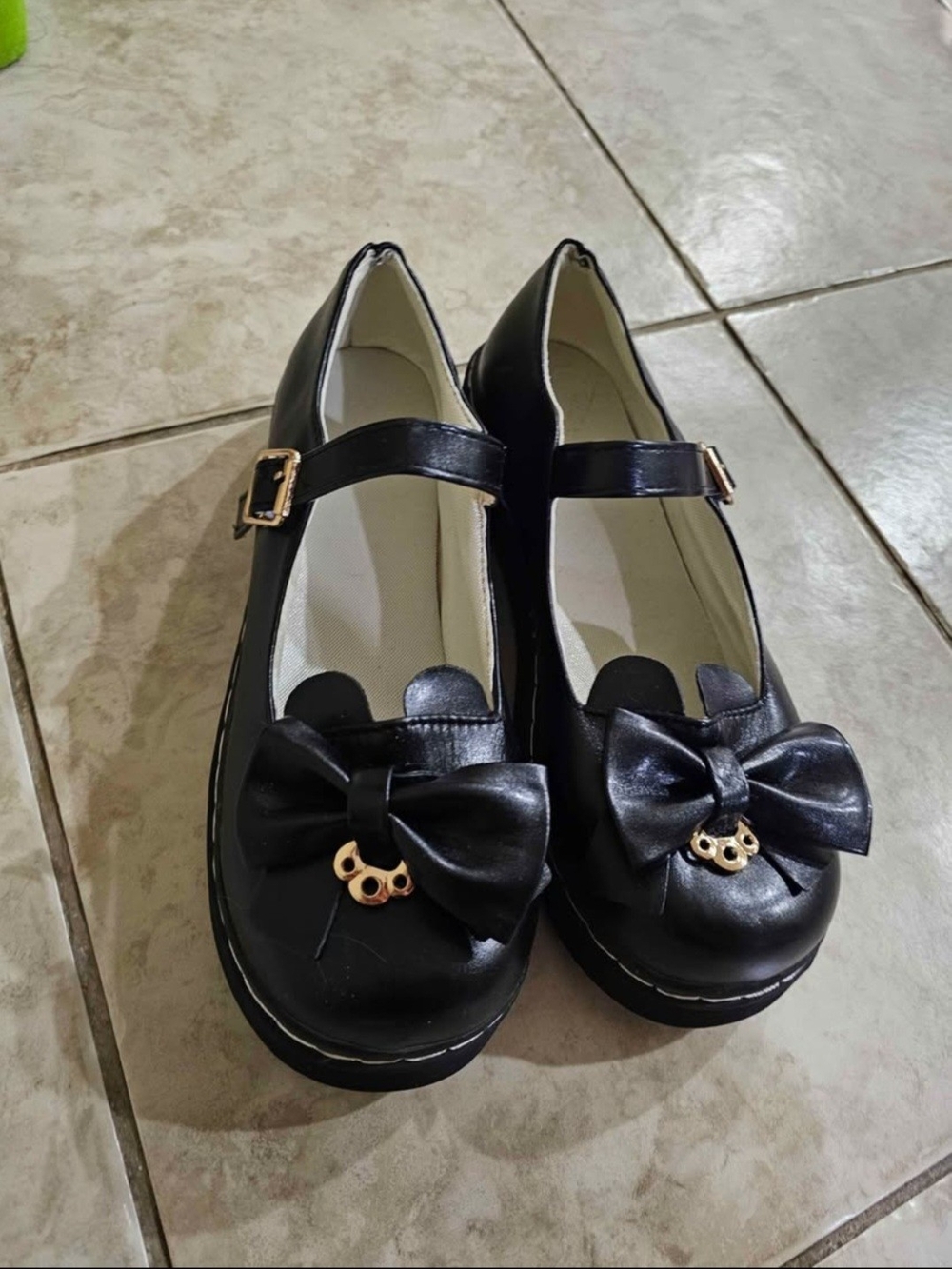 Black Bow Mary Jane Flats with Gold Accent